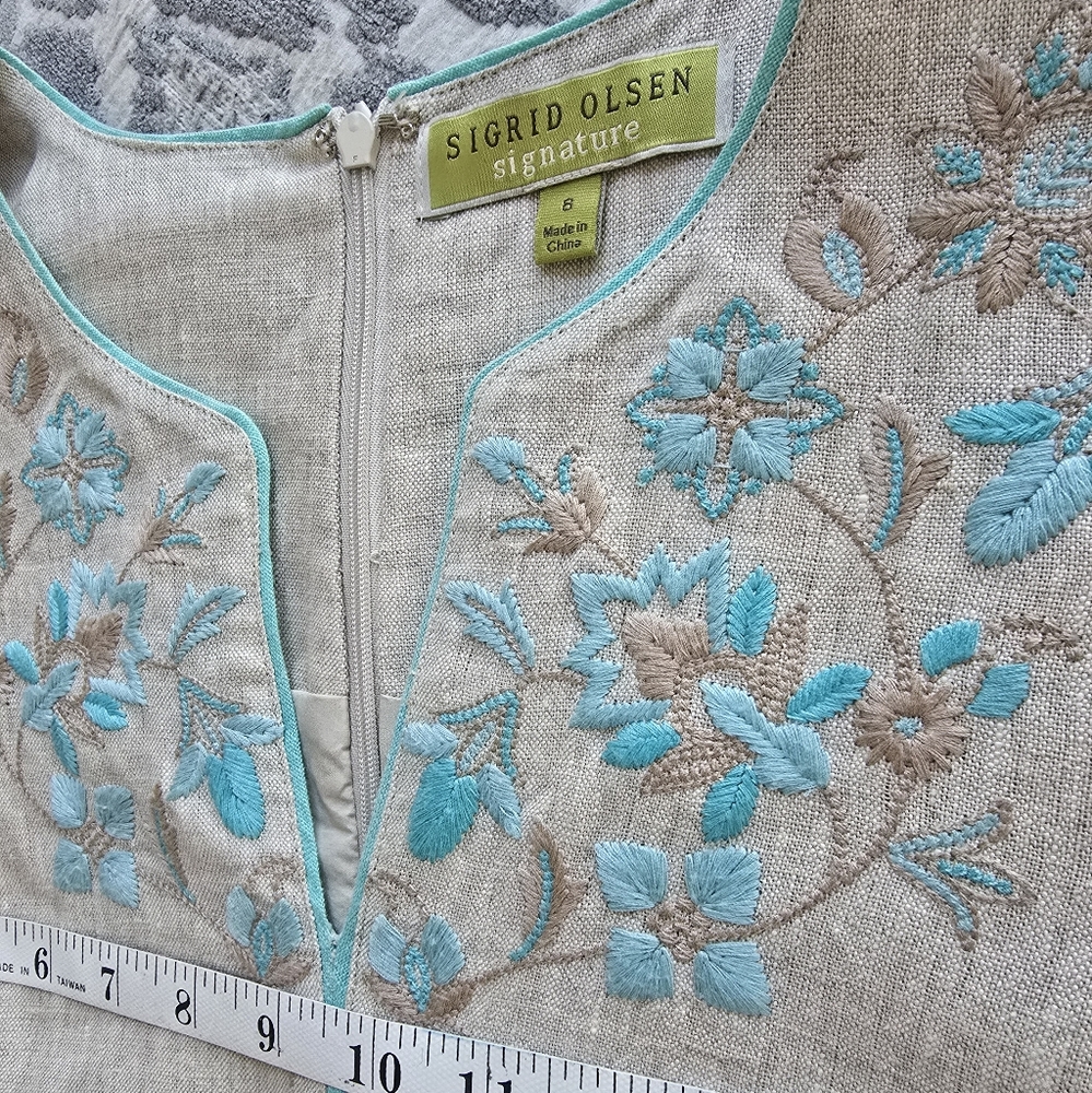 SIGRID OLSEN SIGNATURE BEIGE Linen Dress with TEAL Embroidery